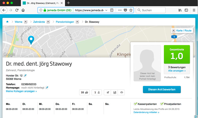 Screenshot des Eintrags bei „Jameda“